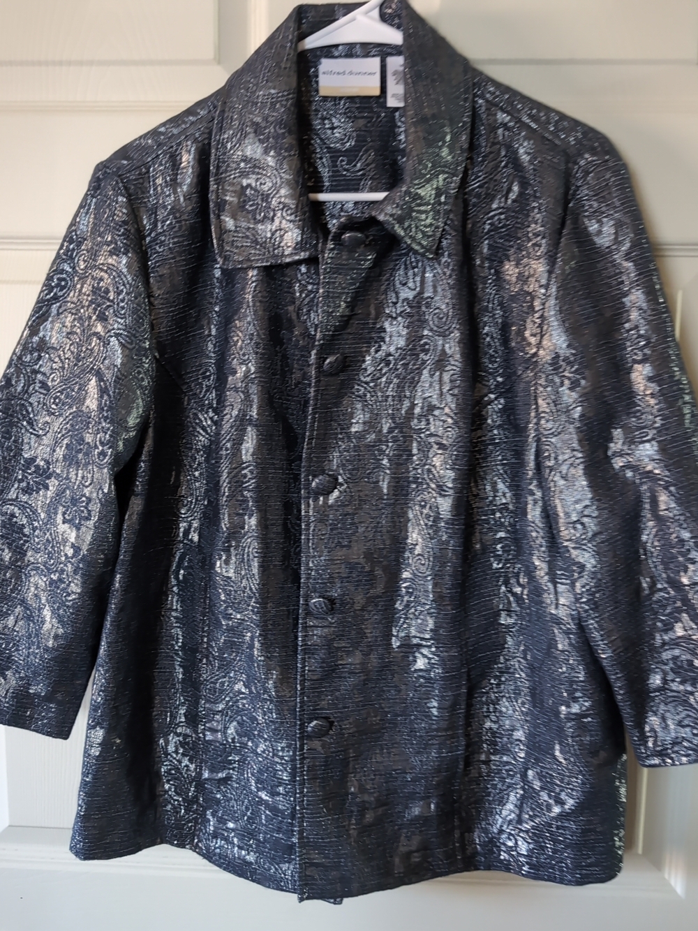 Alfred Dunner Black and Silver Paisley Jacquard Jacket